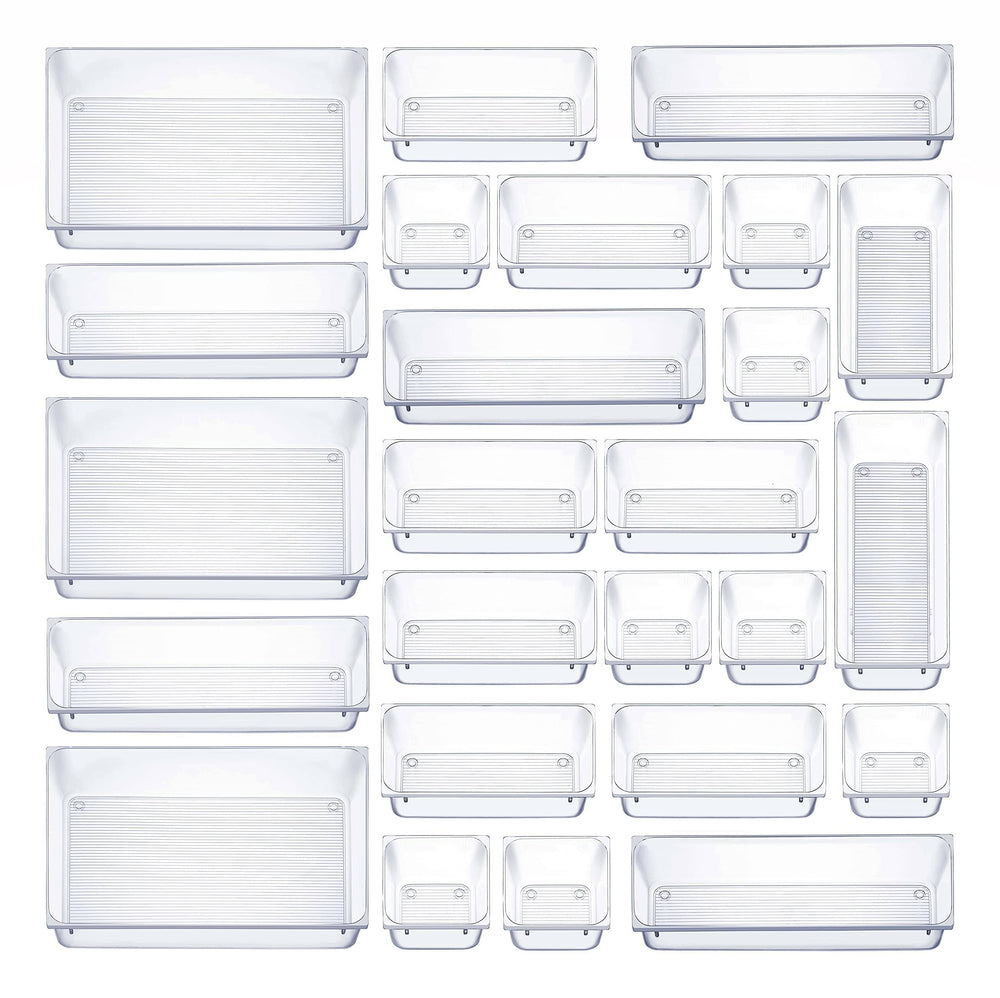 Seseno 25 Pcs Drawer Organizer Set Dresser Desk Drawer Dividers - 4 Size Bathroom Vanity Cosmetic Makeup Trays - Multipurpose Clear Plastic Storage
