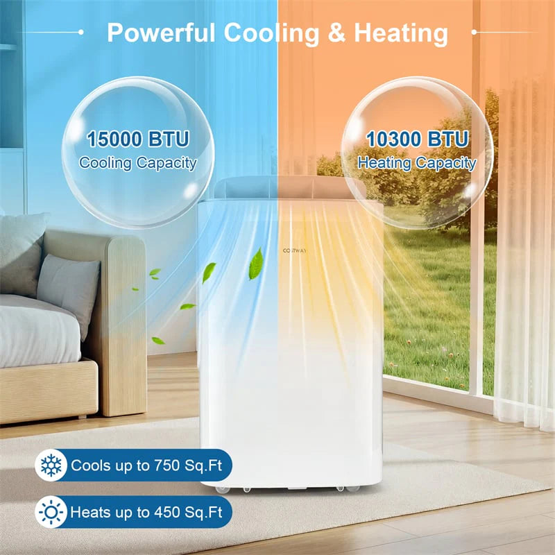 15000 BTU Inverter Portable Air Conditioner, 4-in-1 Smart WiFi AC Unit with Heat, Dehumidifier, Fan, Auto Swing & Window Kit, Cools Up to 750 Sq.Ft