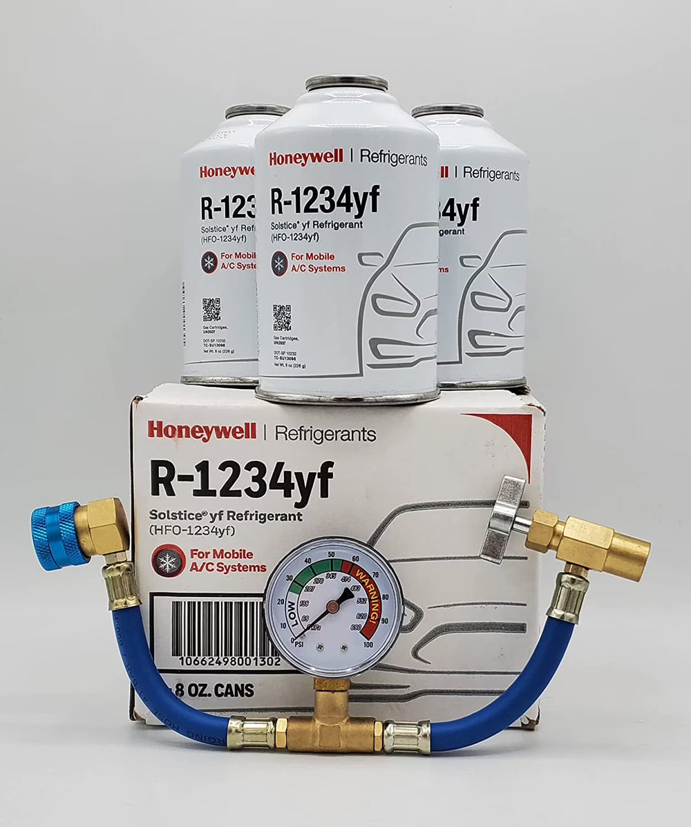 Genuine 8 oz R1234YF Refrigerant (3 Freon Cans) & HD Brass Can Tap with Gauge