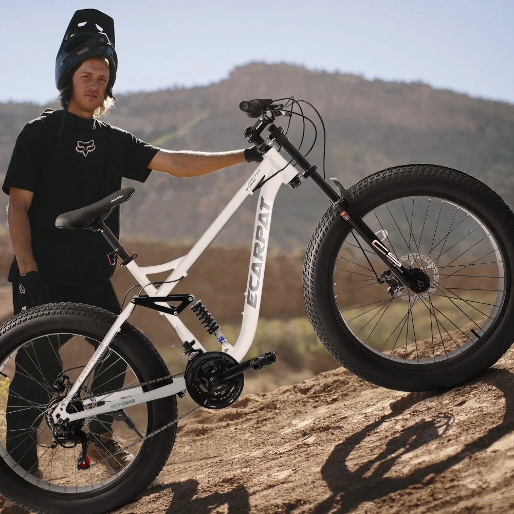 26 in Mountain Bike for Men, 26*4" Fat Tire Mountain Bicycles, Full - Suspension 21 - Speed Drivetrain with Disc Brakes