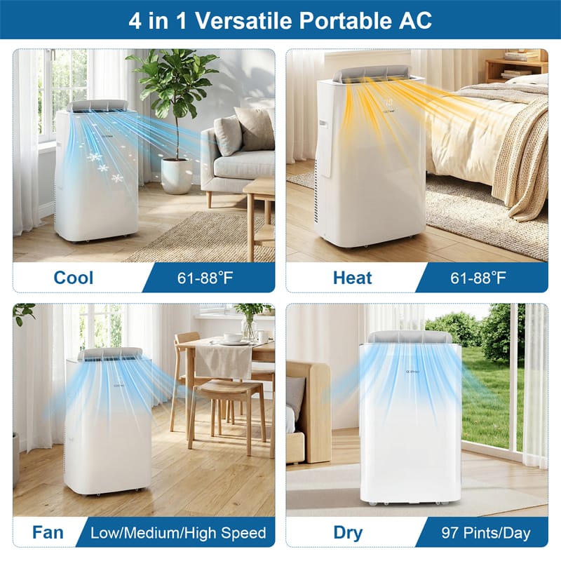 15000 BTU Inverter Portable Air Conditioner, 4-in-1 Smart WiFi AC Unit with Heat, Dehumidifier, Fan, Auto Swing & Window Kit, Cools Up to 750 Sq.Ft