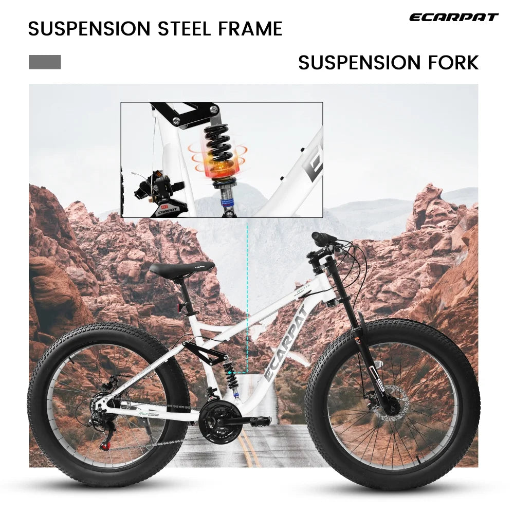 26 in Mountain Bike for Men, 26*4" Fat Tire Mountain Bicycles, Full - Suspension 21 - Speed Drivetrain with Disc Brakes