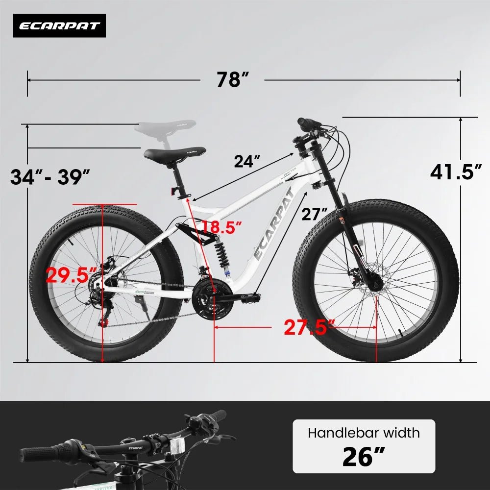 26 in Mountain Bike for Men, 26*4" Fat Tire Mountain Bicycles, Full - Suspension 21 - Speed Drivetrain with Disc Brakes