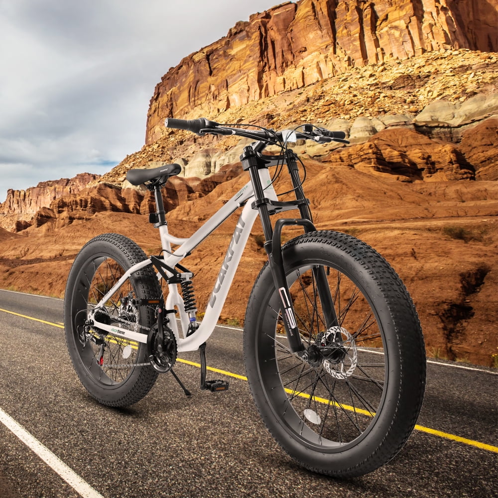 26 in Mountain Bike for Men, 26*4" Fat Tire Mountain Bicycles, Full - Suspension 21 - Speed Drivetrain with Disc Brakes